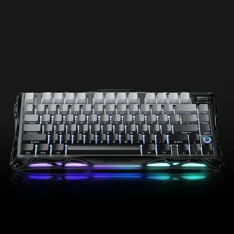 GravaStar Pro Gaming Set in Gradient Black, showcasing Mercury K1 gradient black keyboard (RGB underlight, silent keycap surface) paired with Mercury M1 Pro gradient black mouse and 4K wireless dongle, displayed with free GravaStar Mini Mouse Pad (worth $9.95); featuring aluminum alloy exoskeleton, 88g skeletal magnesium alloy frame (ultra-lightweight, ergonomic ambidextrous design), hot-swap switch system (supports 3-pin/5-pin switches with Kailh Linear included), and customizable RGB lighting (16.7M color