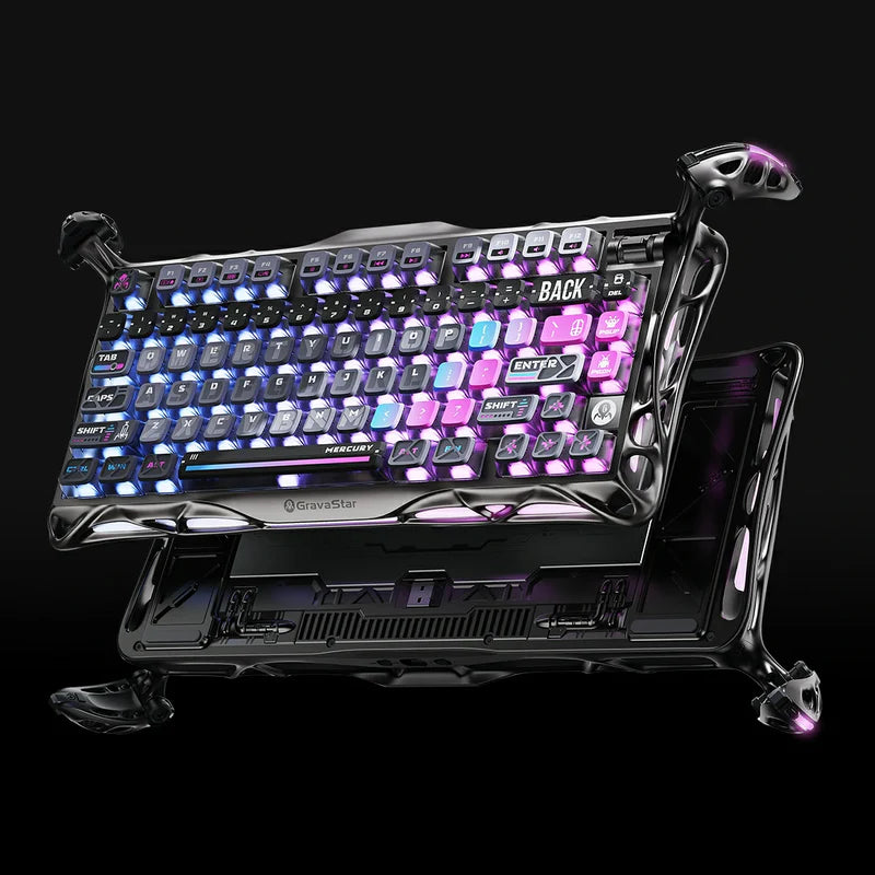 GravaStar Ultimate Gaming Set in Cyberpunk, featuring Mercury K1 Pro Special Edition Cyberpunk keyboard (aluminum alloy frame with flickering neon cybernetic branches, 75% compact layout) paired with Mercury X Pro 8KHz wireless mouse (PAW 3950 sensor, 49g magnesium alloy hollow skeleton). Displayed with a free GravaStar Keyboard Wrist Rest Pad (worth $12.95). Highlighted specs: dynamic RGB lighting (16.8M colors, 13 modes with South-facing key backlighting), premium build with 70M keystroke-rated switches (