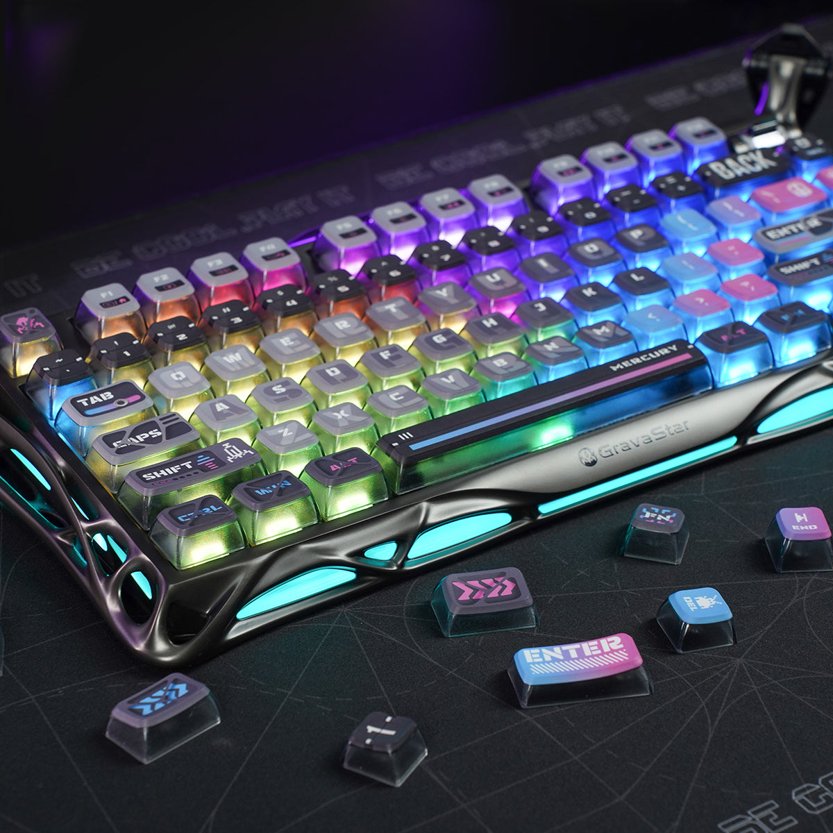 GravaStar Cyberpunk Keycaps: PBT+PC material, five-sided thermal sublimation for vibrant, durable legends; ASA profile, translucent design, compatible with all keyboard layouts.