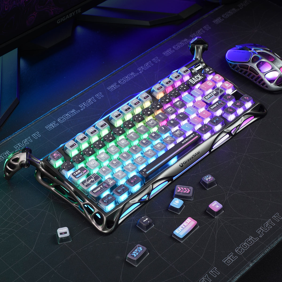 GravaStar Cyberpunk Keycaps: PBT+PC material, five-sided thermal sublimation for vibrant, durable legends; ASA profile, translucent design, compatible with all keyboard layouts.