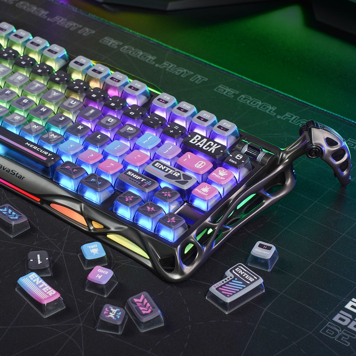 GravaStar Cyberpunk Keycaps: PBT+PC material, five-sided thermal sublimation for vibrant, durable legends; ASA profile, translucent design, compatible with all keyboard layouts.