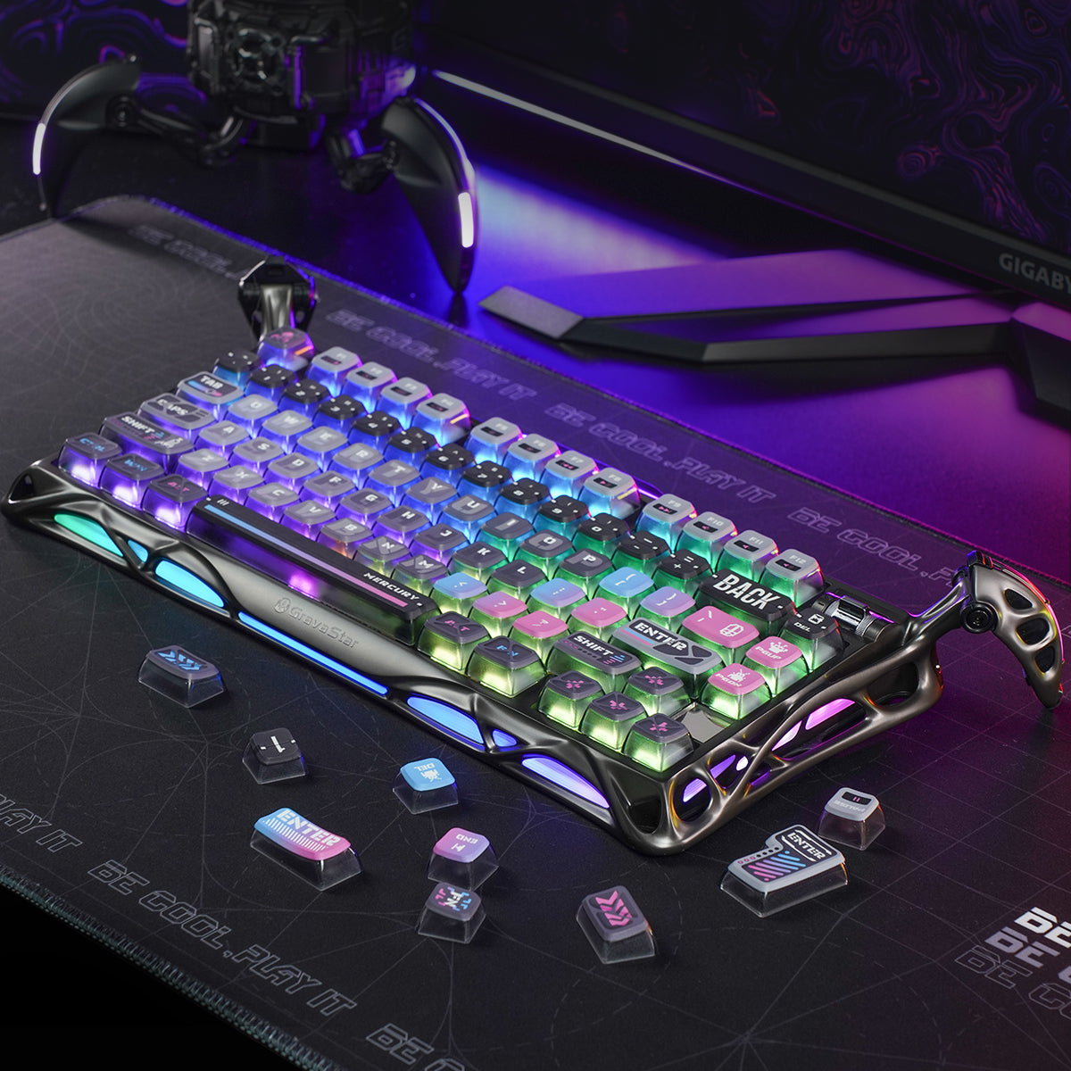 GravaStar Cyberpunk Keycaps: PBT+PC material, five-sided thermal sublimation for vibrant, durable legends; ASA profile, translucent design, compatible with all keyboard layouts.