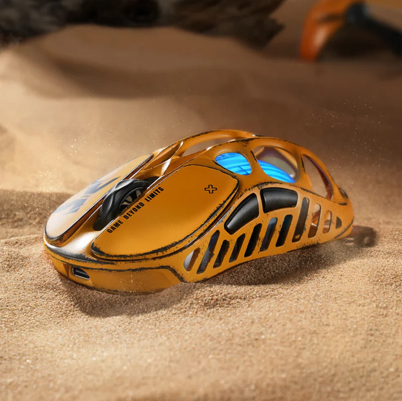 GravaStar Handcrafted Gaming Set in Battle-Worn Yellow, showcasing Mercury K1 Pro Special Edition and Mercury X Pro Special Edition gaming peripherals—each with a unique one-of-a-kind handcrafted aluminum alloy frame featuring Battle-Worn-inspired aesthetics. Includes a free GravaStar Keyboard Wrist Rest Pad (worth $12.95). Highlighted features: 75% compact layout for space-saving, dynamic RGB lighting (16.8M colors, 13 modes with South-facing key backlighting), premium build with 70M keystroke-rated switch
