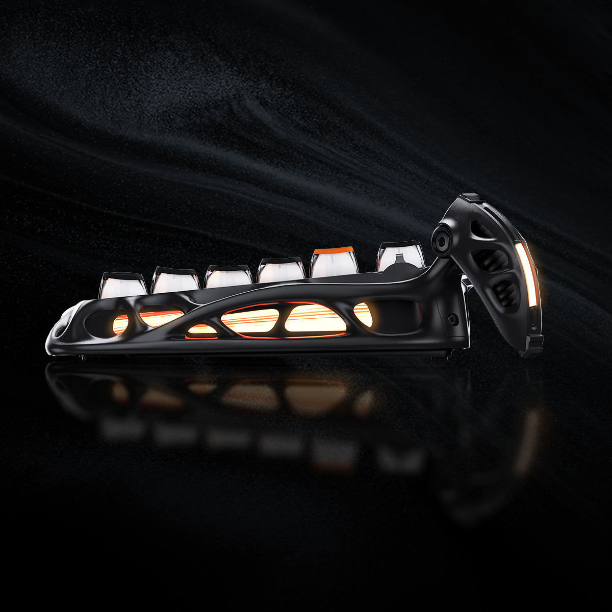 GravaStar Mercury K1 Pro - CyberFlare gaming keyboard (75% compact layout, aluminum alloy frame with nano-textured surface, glowing cybernetic branch accents, South-facing RGB backlighting) paired with Mercury X Pro 8KHz wireless mouse (PAW 3950 sensor, 49g magnesium alloy hollow skeleton, customizable RGB lighting), displayed with a free GravaStar Keyboard Wrist Rest Pad. Highlighting premium build: 70M keystroke-rated GravaStar x Kailh linear switches (silent, 0.4mm quick rebound), gasket-mounted FR4 plat