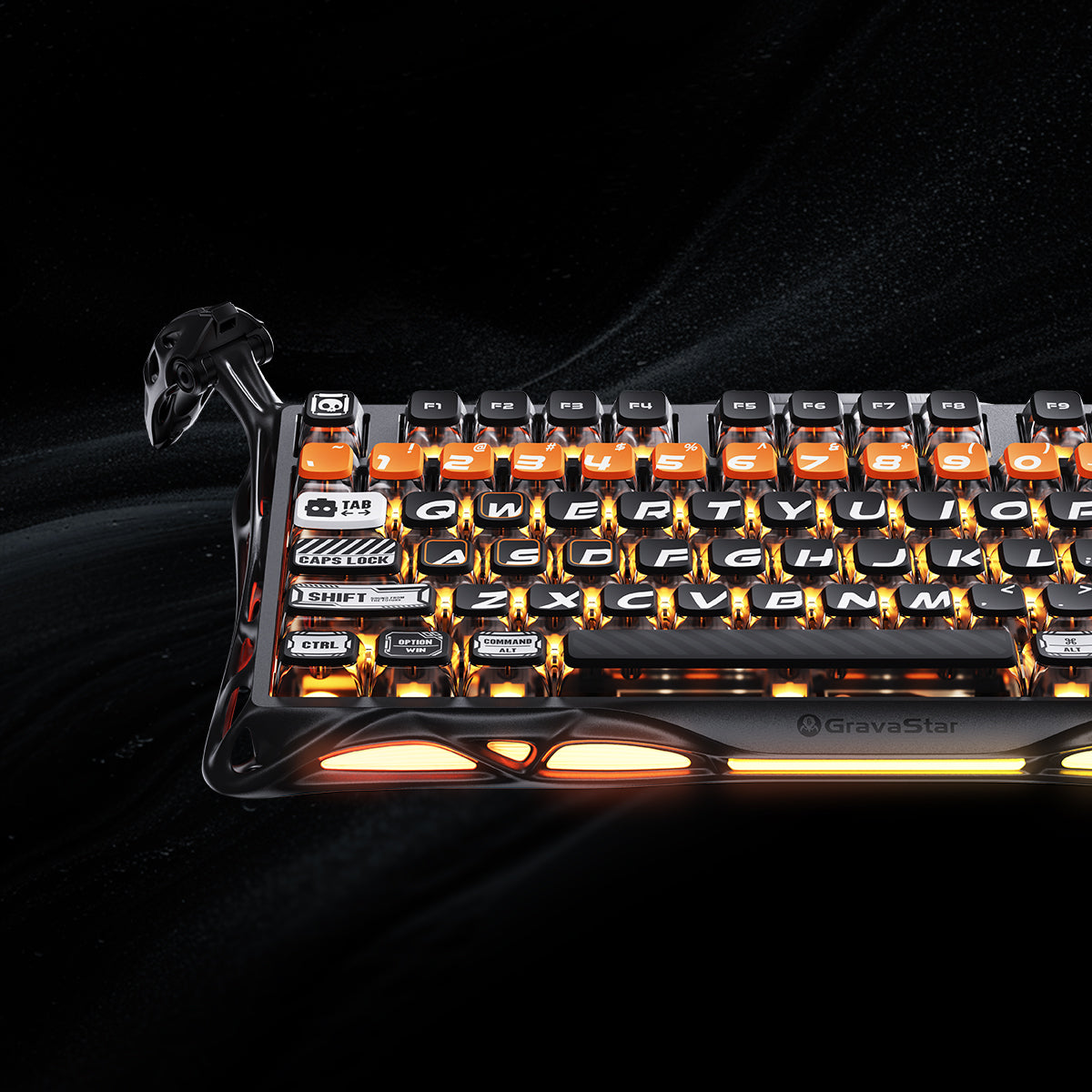 GravaStar Mercury K1 Pro - CyberFlare gaming keyboard (75% compact layout, aluminum alloy frame with nano-textured surface, glowing cybernetic branch accents, South-facing RGB backlighting) paired with Mercury X Pro 8KHz wireless mouse (PAW 3950 sensor, 49g magnesium alloy hollow skeleton, customizable RGB lighting), displayed with a free GravaStar Keyboard Wrist Rest Pad. Highlighting premium build: 70M keystroke-rated GravaStar x Kailh linear switches (silent, 0.4mm quick rebound), gasket-mounted FR4 plat