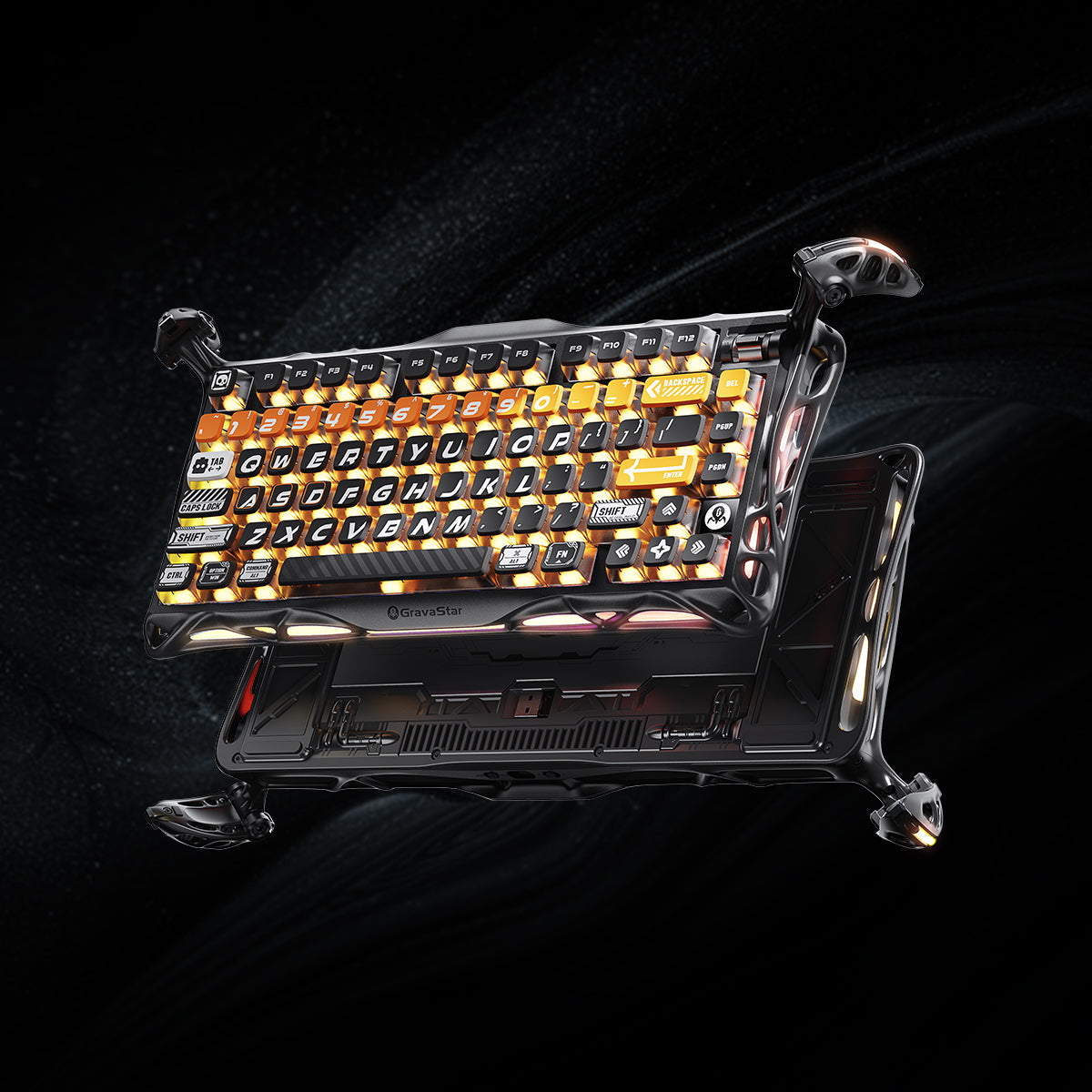GravaStar Mercury K1 Pro - CyberFlare gaming keyboard (75% compact layout, aluminum alloy frame with nano-textured surface, glowing cybernetic branch accents, South-facing RGB backlighting) paired with Mercury X Pro 8KHz wireless mouse (PAW 3950 sensor, 49g magnesium alloy hollow skeleton, customizable RGB lighting), displayed with a free GravaStar Keyboard Wrist Rest Pad. Highlighting premium build: 70M keystroke-rated GravaStar x Kailh linear switches (silent, 0.4mm quick rebound), gasket-mounted FR4 plat