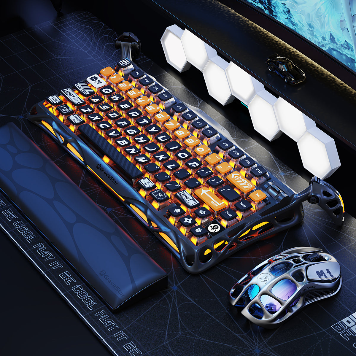 GravaStar Mercury K1 Pro - CyberFlare gaming keyboard (75% compact layout, aluminum alloy frame with nano-textured surface, glowing cybernetic branch accents, South-facing RGB backlighting) paired with Mercury X Pro 8KHz wireless mouse (PAW 3950 sensor, 49g magnesium alloy hollow skeleton, customizable RGB lighting), displayed with a free GravaStar Keyboard Wrist Rest Pad. Highlighting premium build: 70M keystroke-rated GravaStar x Kailh linear switches (silent, 0.4mm quick rebound), gasket-mounted FR4 plat