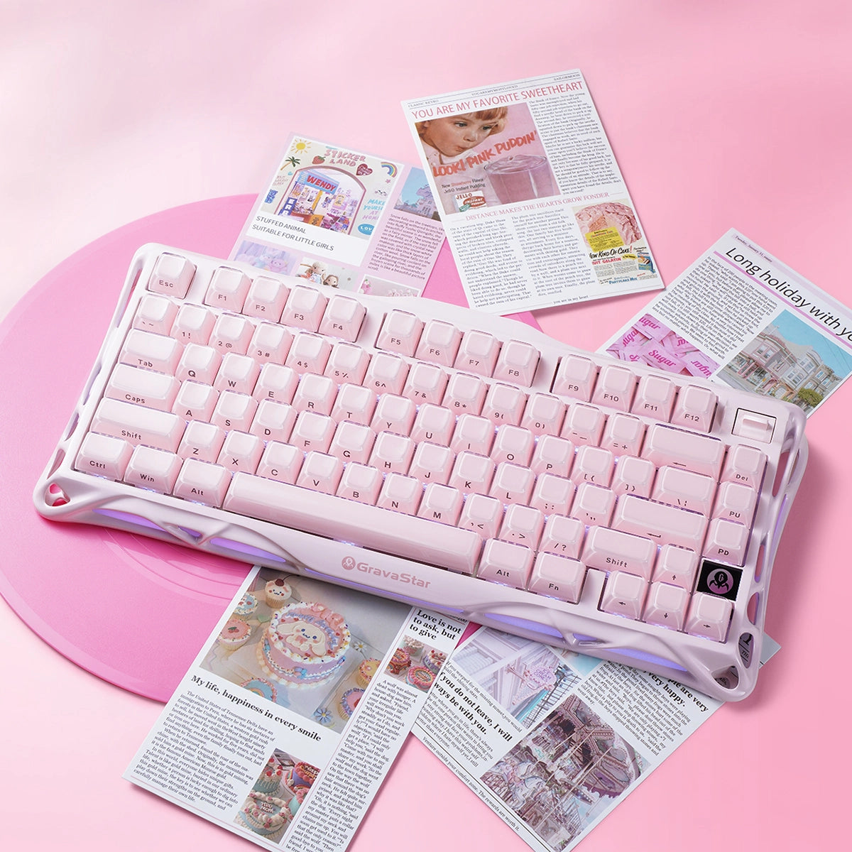 GravaStar Mercury K1 Special Edition in Sakura Pink: aluminum alloy exoskeleton, 88g magnesium frame, hot-swap switches (3/5-pin), customizable RGB lighting (16.7M colors); 5.0-rated for premium build and performance.