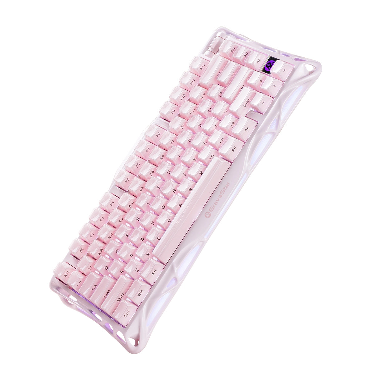 GravaStar Mercury K1 Special Edition in Sakura Pink: aluminum alloy exoskeleton, 88g magnesium frame, hot-swap switches (3/5-pin), customizable RGB lighting (16.7M colors); 5.0-rated for premium build and performance.
