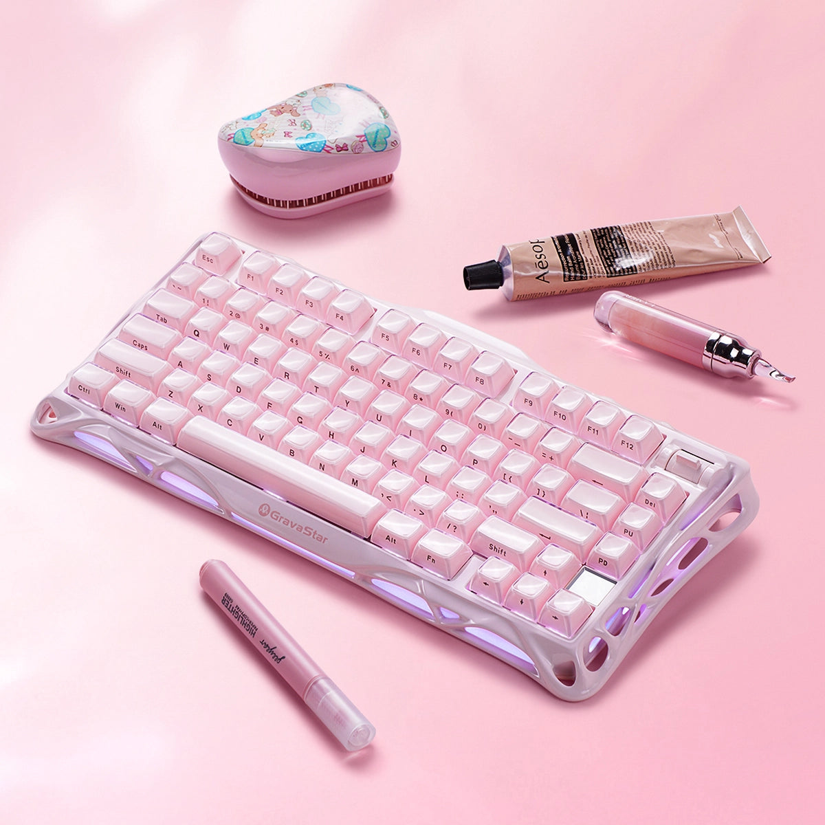 GravaStar Mercury K1 Special Edition in Sakura Pink: aluminum alloy exoskeleton, 88g magnesium frame, hot-swap switches (3/5-pin), customizable RGB lighting (16.7M colors); 5.0-rated for premium build and performance.
