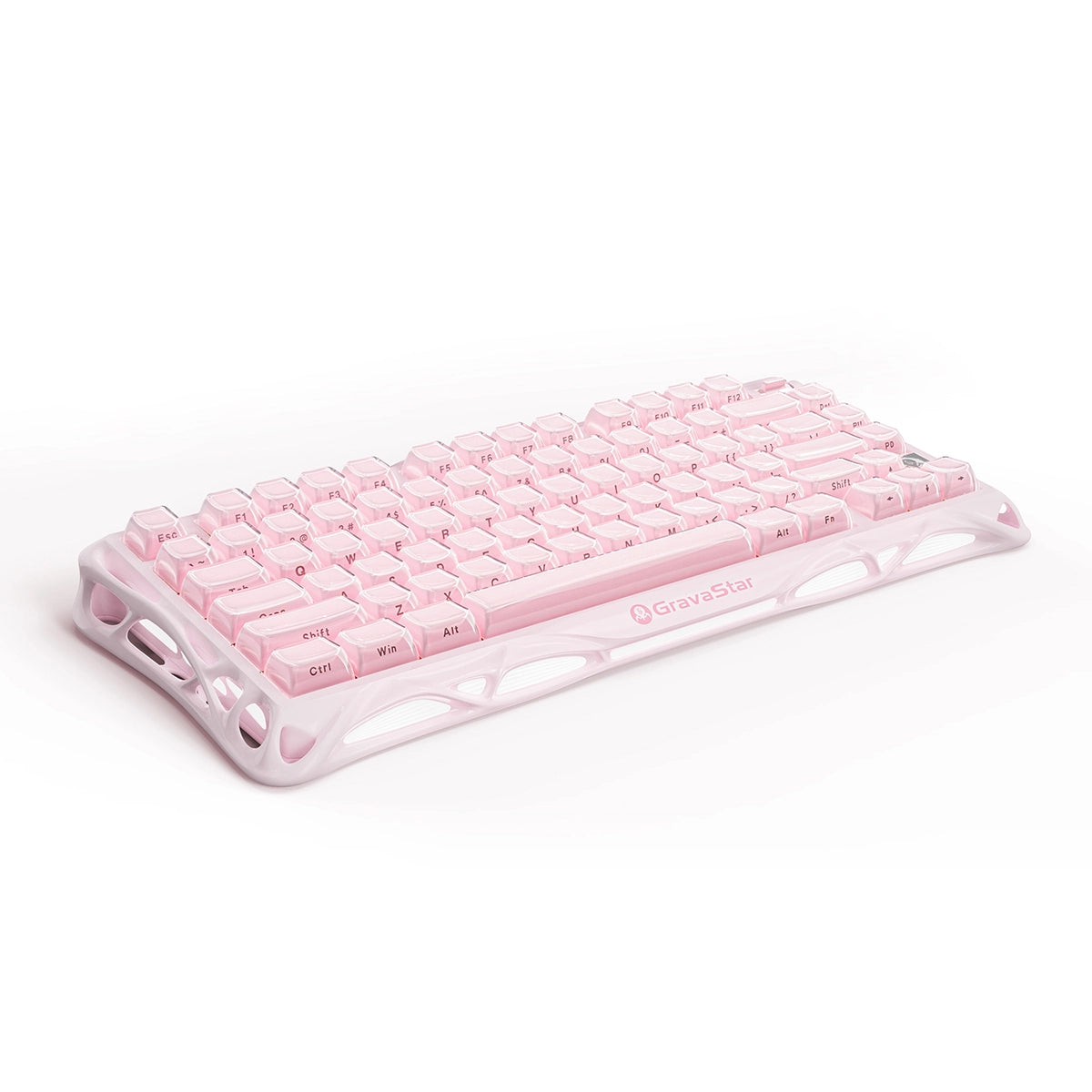 GravaStar Mercury K1 Special Edition in Sakura Pink: aluminum alloy exoskeleton, 88g magnesium frame, hot-swap switches (3/5-pin), customizable RGB lighting (16.7M colors); 5.0-rated for premium build and performance.