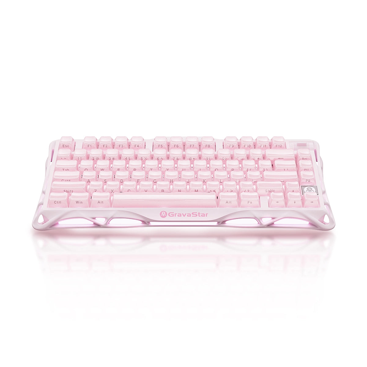 GravaStar Mercury K1 Special Edition in Sakura Pink: aluminum alloy exoskeleton, 88g magnesium frame, hot-swap switches (3/5-pin), customizable RGB lighting (16.7M colors); 5.0-rated for premium build and performance.