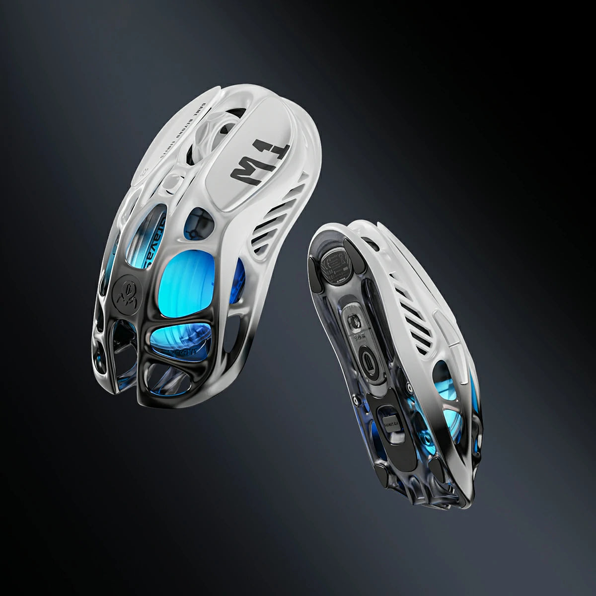 GravaStar Mercury M1 Pro Gradient Black gaming mouse: magnesium alloy skeleton, PAW3395 sensor (26K DPI), ergonomic design, customizable RGB lighting, 146h wireless/200h Bluetooth battery life.