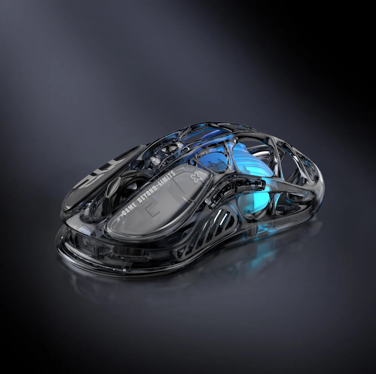GravaStar Mercury M2 Transparent Black gaming mouse, a 2024 Red Dot Award-winning design featuring a sleek transparent black finish with ambidextrous ergonomic shape, compatible with palm, tip, and claw grips. Equipped with the high-precision PAW3395 sensor (26,000 DPI, 650 IPS acceleration, 1,000 Hz wireless polling rate) for pixel-perfect tracking, plus 82 hours of battery life (USB-C wired/Bluetooth 5.1). Highlighted specs: 5 programmable buttons with macro support, 5 customizable RGB lighting modes (16.