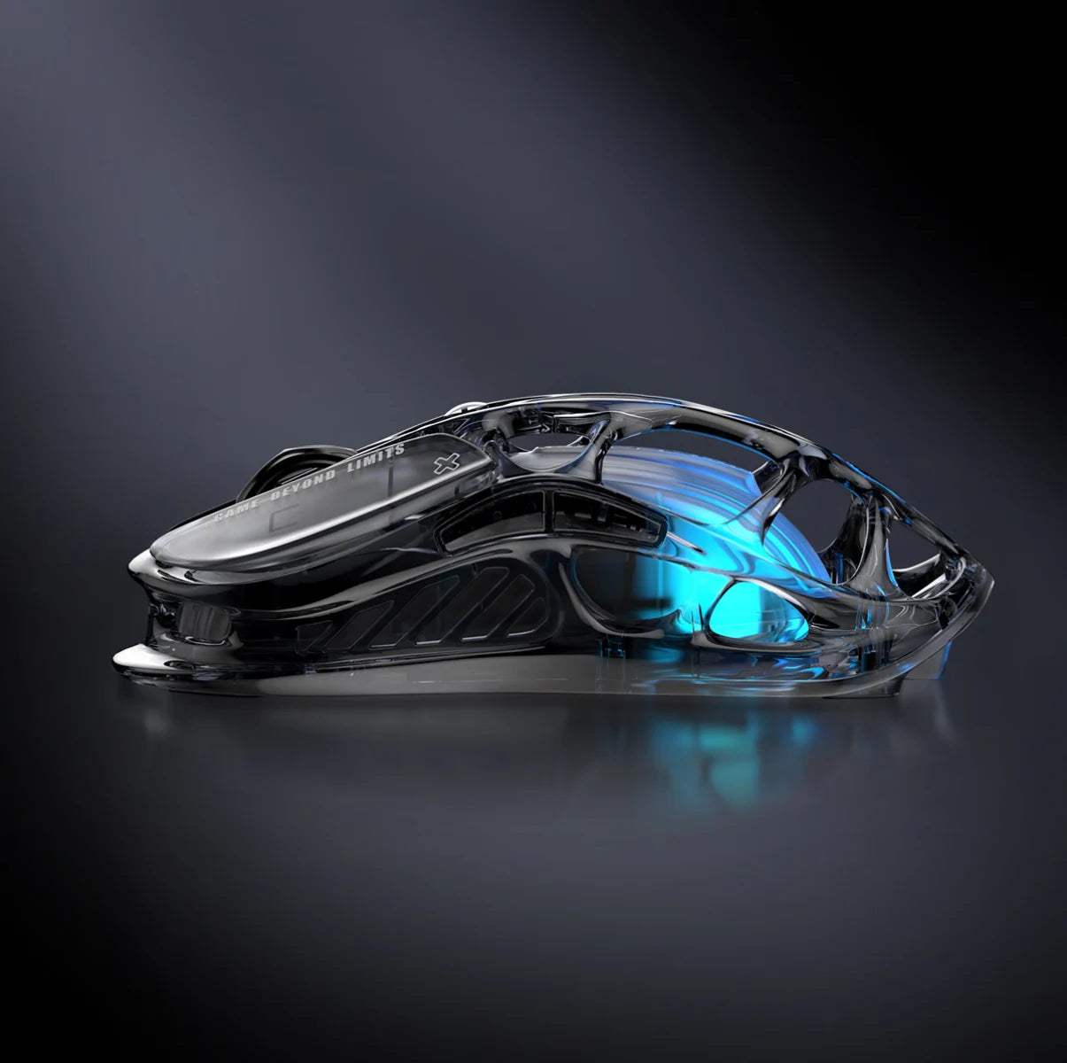 GravaStar Mercury M2 Transparent Black gaming mouse, a 2024 Red Dot Award-winning design featuring a sleek transparent black finish with ambidextrous ergonomic shape, compatible with palm, tip, and claw grips. Equipped with the high-precision PAW3395 sensor (26,000 DPI, 650 IPS acceleration, 1,000 Hz wireless polling rate) for pixel-perfect tracking, plus 82 hours of battery life (USB-C wired/Bluetooth 5.1). Highlighted specs: 5 programmable buttons with macro support, 5 customizable RGB lighting modes (16.