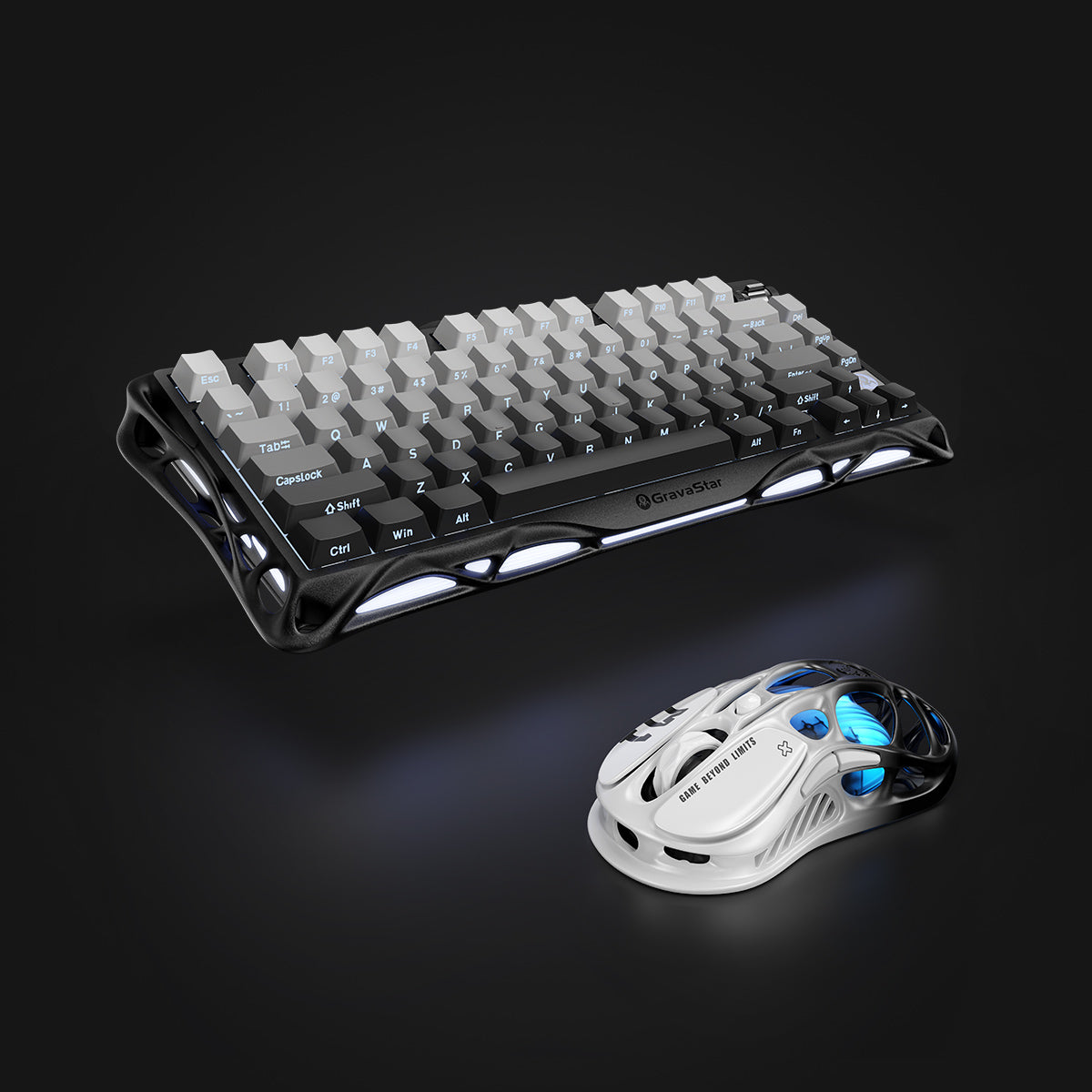 GravaStar Pro Gaming Set in Gradient Black, showcasing Mercury K1 gradient black keyboard (RGB underlight, silent keycap surface) paired with Mercury M1 Pro gradient black mouse and 4K wireless dongle, displayed with free GravaStar Mini Mouse Pad (worth $9.95); featuring aluminum alloy exoskeleton, 88g skeletal magnesium alloy frame (ultra-lightweight, ergonomic ambidextrous design), hot-swap switch system (supports 3-pin/5-pin switches with Kailh Linear included), and customizable RGB lighting (16.7M color