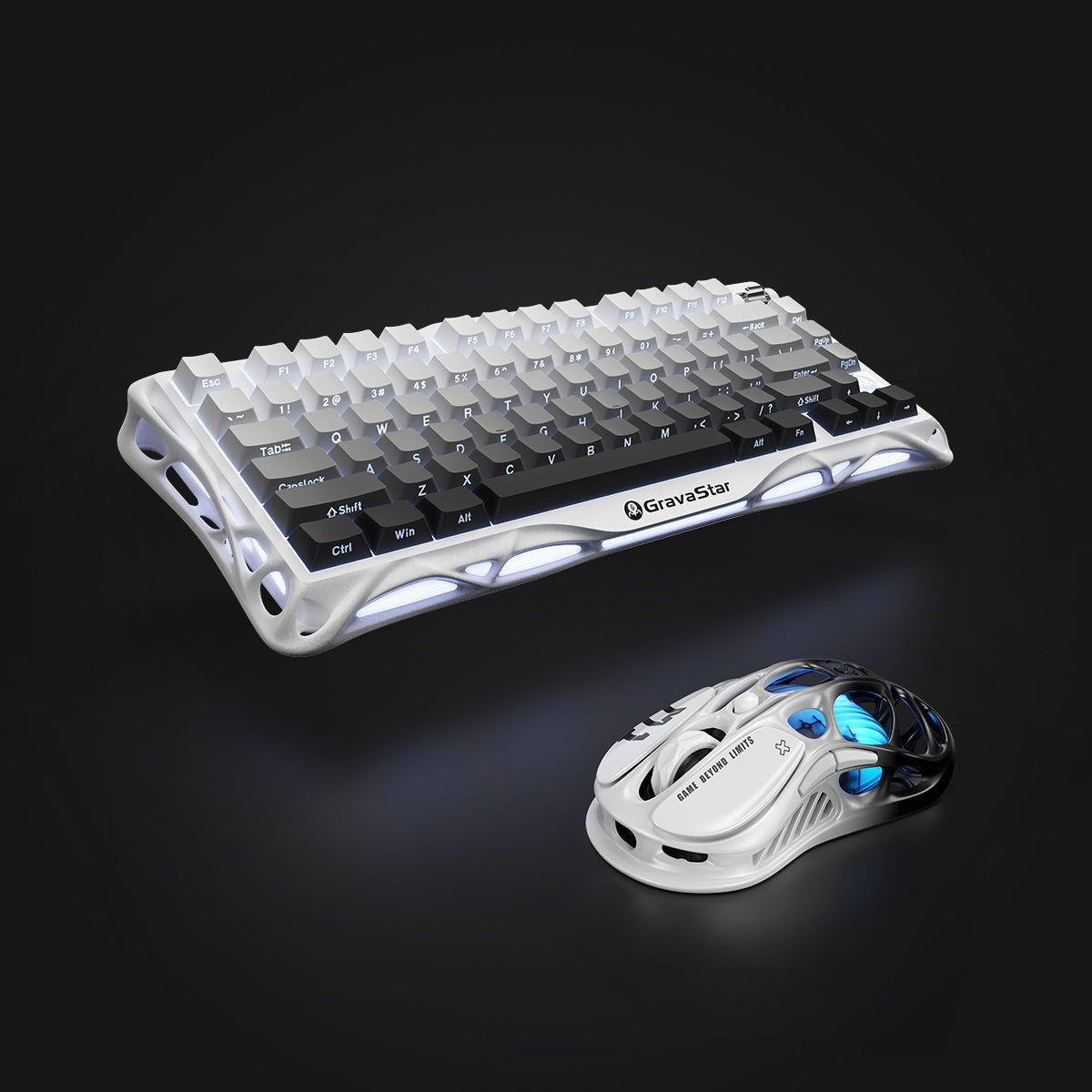 GravaStar Pro Gaming Set in Gradient White, showcasing Mercury K1 gradient black keyboard (RGB underlight, silent keycap surface) paired with Mercury M1 Pro gradient black mouse and 4K wireless dongle, displayed with free GravaStar Mini Mouse Pad (worth $9.95); featuring aluminum alloy exoskeleton, 88g skeletal magnesium alloy frame (ultra-lightweight, ergonomic ambidextrous design), hot-swap switch system (supports 3-pin/5-pin switches with Kailh Linear included), and customizable RGB lighting (16.7M color