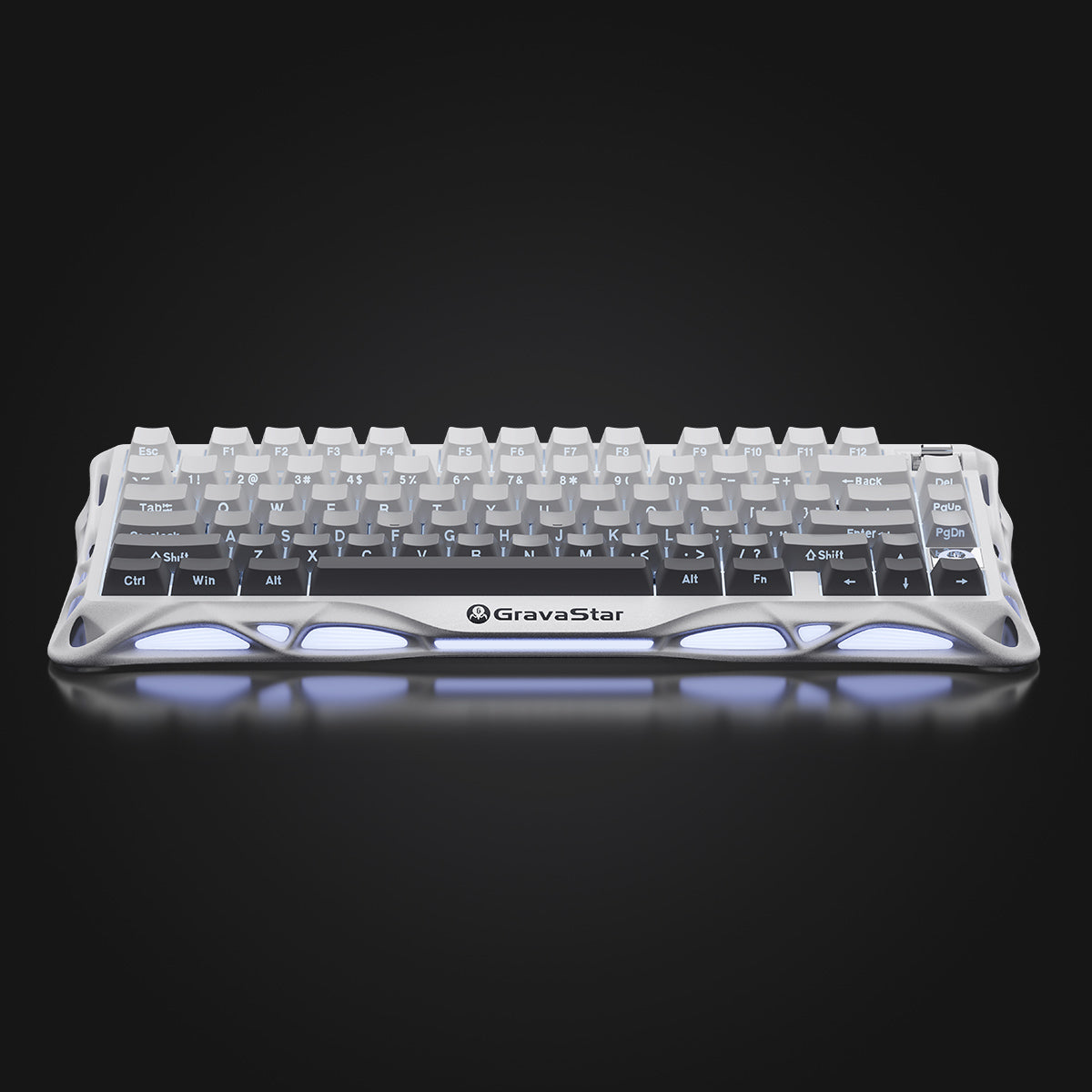 GravaStar Pro Gaming Set in Gradient White: Mercury K1 gradient keyboard (aluminum alloy exoskeleton, 88g magnesium frame, hot-swap switches) paired with Mercury M1 Pro mouse, featuring customizable RGB lighting (16.7M colors).