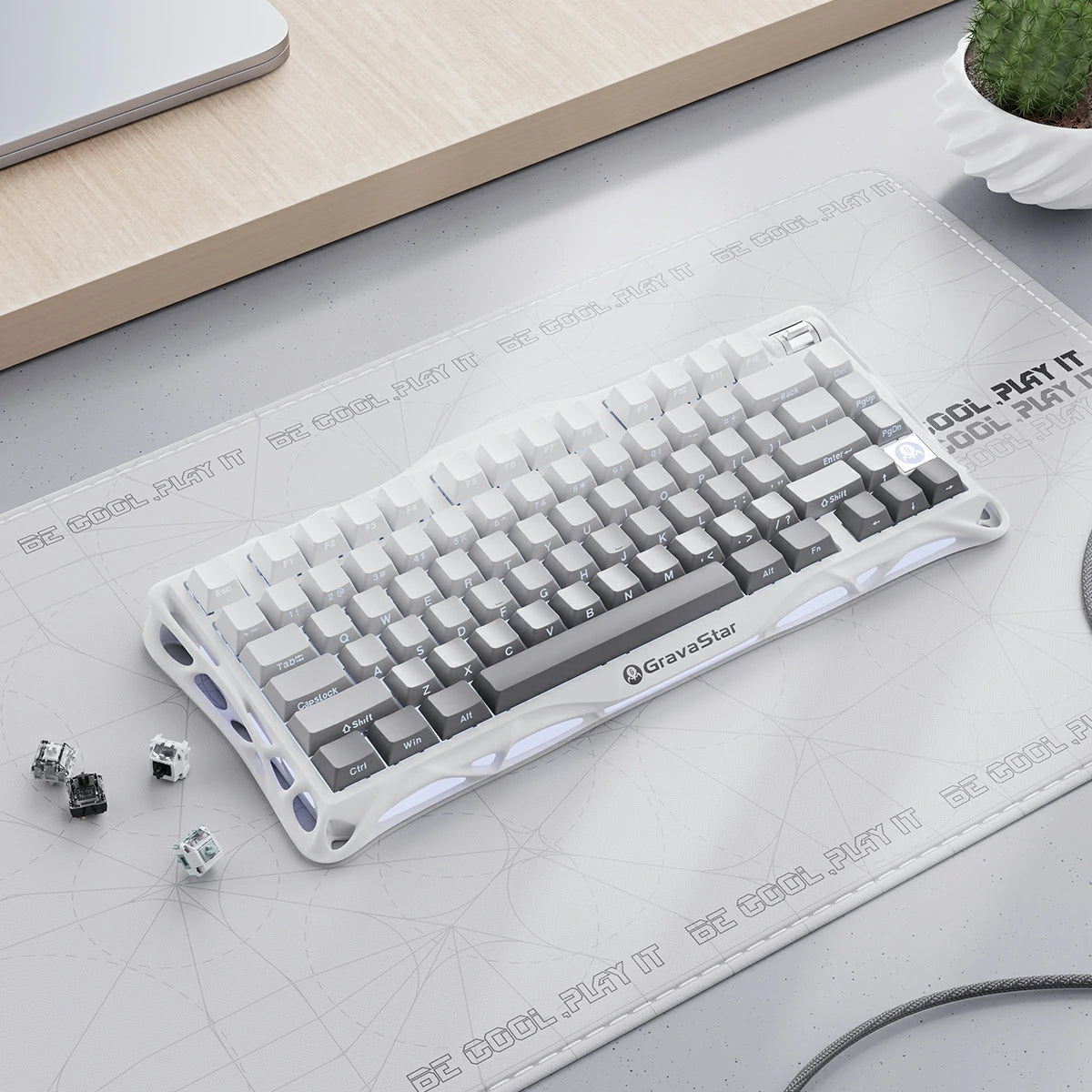 GravaStar Pro Gaming Set in Gradient White: Mercury K1 gradient keyboard (aluminum alloy exoskeleton, 88g magnesium frame, hot-swap switches) paired with Mercury M1 Pro mouse, featuring customizable RGB lighting (16.7M colors).