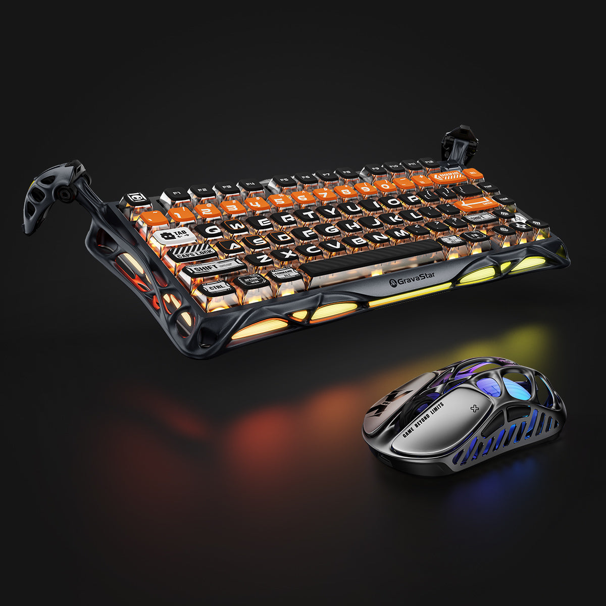 GravaStar Ultimate Gaming Set in CyberFlare, featuring Mercury K1 Pro 75% compact gaming keyboard (aluminum alloy frame with nano-textured surface, South-facing RGB backlighting, glowing cybernetic branch accents) paired with Mercury X Pro 8KHz wireless mouse (PAW 3950 sensor, 49g magnesium alloy hollow skeleton, customizable RGB lighting), displayed with free GravaStar keyboard wrist rest pad included; showcasing ultra-sleek metallic aesthetic and premium build quality.