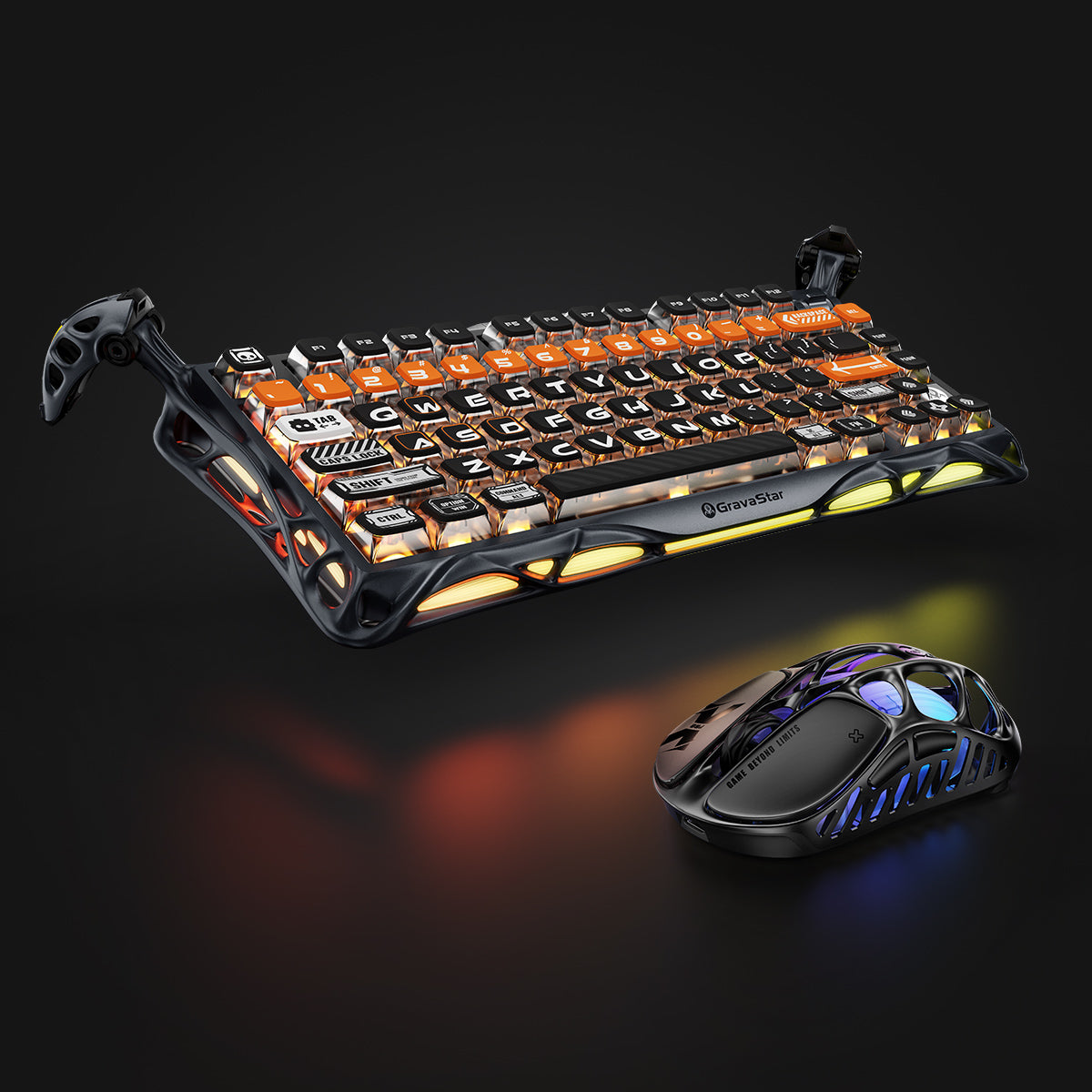 GravaStar Ultimate Gaming Set in CyberFlare, featuring Mercury K1 Pro 75% compact gaming keyboard (aluminum alloy frame with nano-textured surface, South-facing RGB backlighting, glowing cybernetic branch accents) paired with Mercury X Pro 8KHz wireless mouse (PAW 3950 sensor, 49g magnesium alloy hollow skeleton, customizable RGB lighting), displayed with free GravaStar keyboard wrist rest pad included; showcasing ultra-sleek metallic aesthetic and premium build quality.