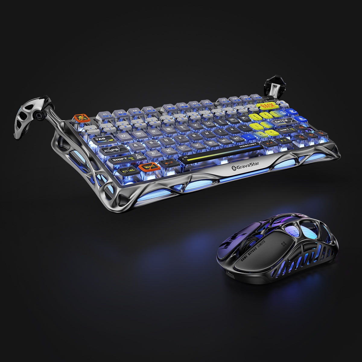 GravaStar Ultimate Gaming Set in Interstellar Silver, featuring Mercury K1 Pro 75% compact gaming keyboard (aluminum alloy frame with nano-textured surface, South-facing RGB backlighting) paired with Mercury X Pro 8KHz wireless mouse (PAW 3950 sensor, 49g magnesium alloy hollow skeleton, customizable RGB lighting), displayed with free GravaStar keyboard wrist rest pad included.