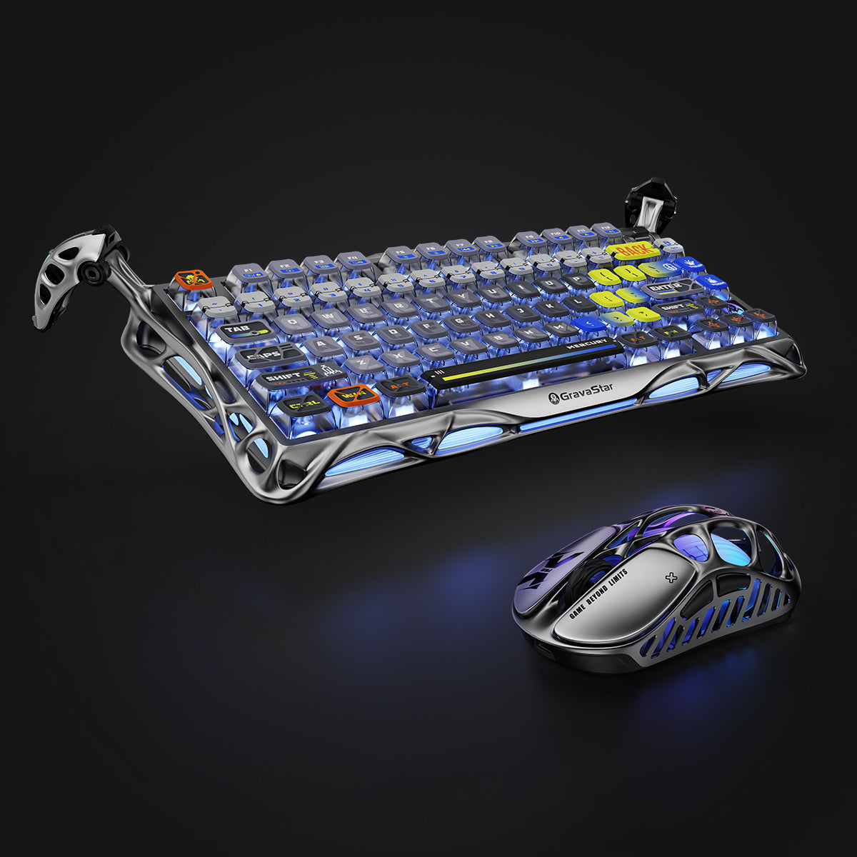 GravaStar Ultimate Gaming Set in Interstellar Silver, featuring Mercury K1 Pro 75% compact gaming keyboard (aluminum alloy frame with nano-textured surface, South-facing RGB backlighting) paired with Mercury X Pro 8KHz wireless mouse (PAW 3950 sensor, 49g magnesium alloy hollow skeleton, customizable RGB lighting), displayed with free GravaStar keyboard wrist rest pad included.