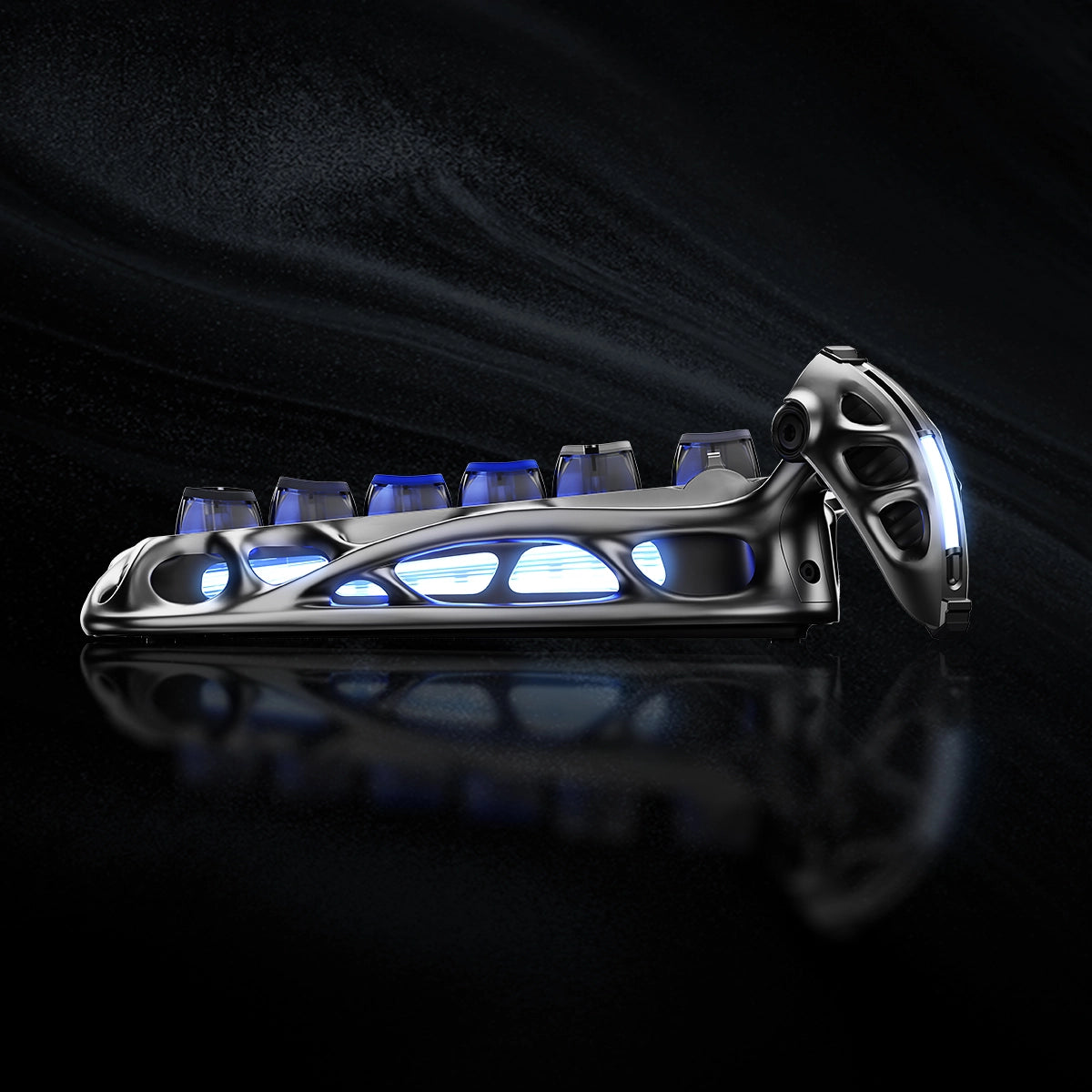 GravaStar Ultimate Gaming Set in Interstellar Silver, featuring Mercury K1 Pro 75% compact gaming keyboard (aluminum alloy frame with nano-textured surface, South-facing RGB backlighting) paired with Mercury X Pro 8KHz wireless mouse (PAW 3950 sensor, 49g magnesium alloy hollow skeleton, customizable RGB lighting), displayed with a free GravaStar Keyboard Wrist Rest Pad. Highlighting premium build: 70M keystroke-rated GravaStar x Kailh linear switches (silent, 0.4mm quick rebound), gasket-mounted FR4 plate