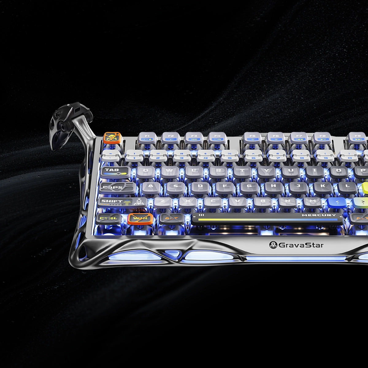 GravaStar Ultimate Gaming Set in Interstellar Silver, featuring Mercury K1 Pro 75% compact gaming keyboard (aluminum alloy frame with nano-textured surface, South-facing RGB backlighting) paired with Mercury X Pro 8KHz wireless mouse (PAW 3950 sensor, 49g magnesium alloy hollow skeleton, customizable RGB lighting), displayed with a free GravaStar Keyboard Wrist Rest Pad. Highlighting premium build: 70M keystroke-rated GravaStar x Kailh linear switches (silent, 0.4mm quick rebound), gasket-mounted FR4 plate