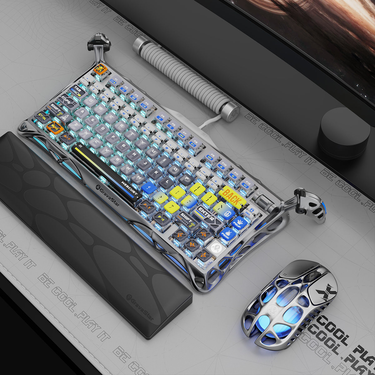 GravaStar Ultimate Gaming Set in Interstellar Silver, featuring Mercury K1 Pro 75% compact gaming keyboard (aluminum alloy frame with nano-textured surface, South-facing RGB backlighting) paired with Mercury X Pro 8KHz wireless mouse (PAW 3950 sensor, 49g magnesium alloy hollow skeleton, customizable RGB lighting), displayed with a free GravaStar Keyboard Wrist Rest Pad. Highlighting premium build: 70M keystroke-rated GravaStar x Kailh linear switches (silent, 0.4mm quick rebound), gasket-mounted FR4 plate