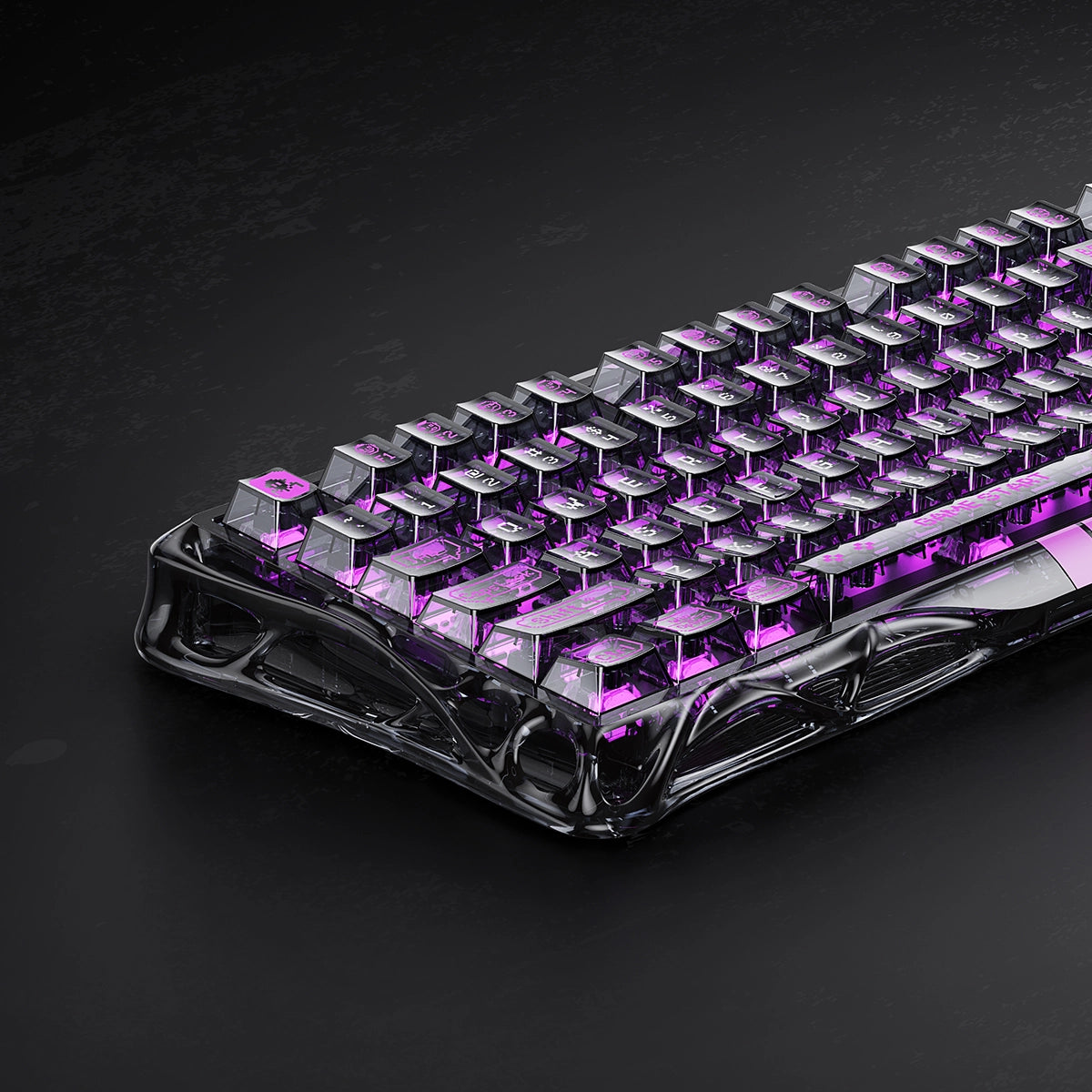Gravastar Mercury V75 Lite "Transparent Black" special edition gaming keyboard hero shot, showcasing sleek transparent design, semi-plastic frame, and vibrant RGB lighting.