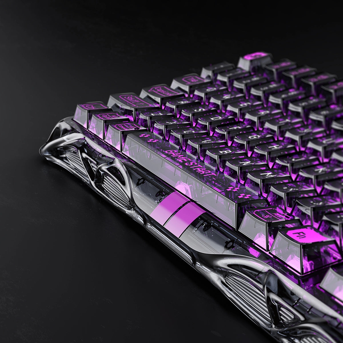 Gravastar Mercury V75 Lite "Transparent Black" special edition gaming keyboard hero shot, showcasing sleek transparent design, semi-plastic frame, and vibrant RGB lighting.