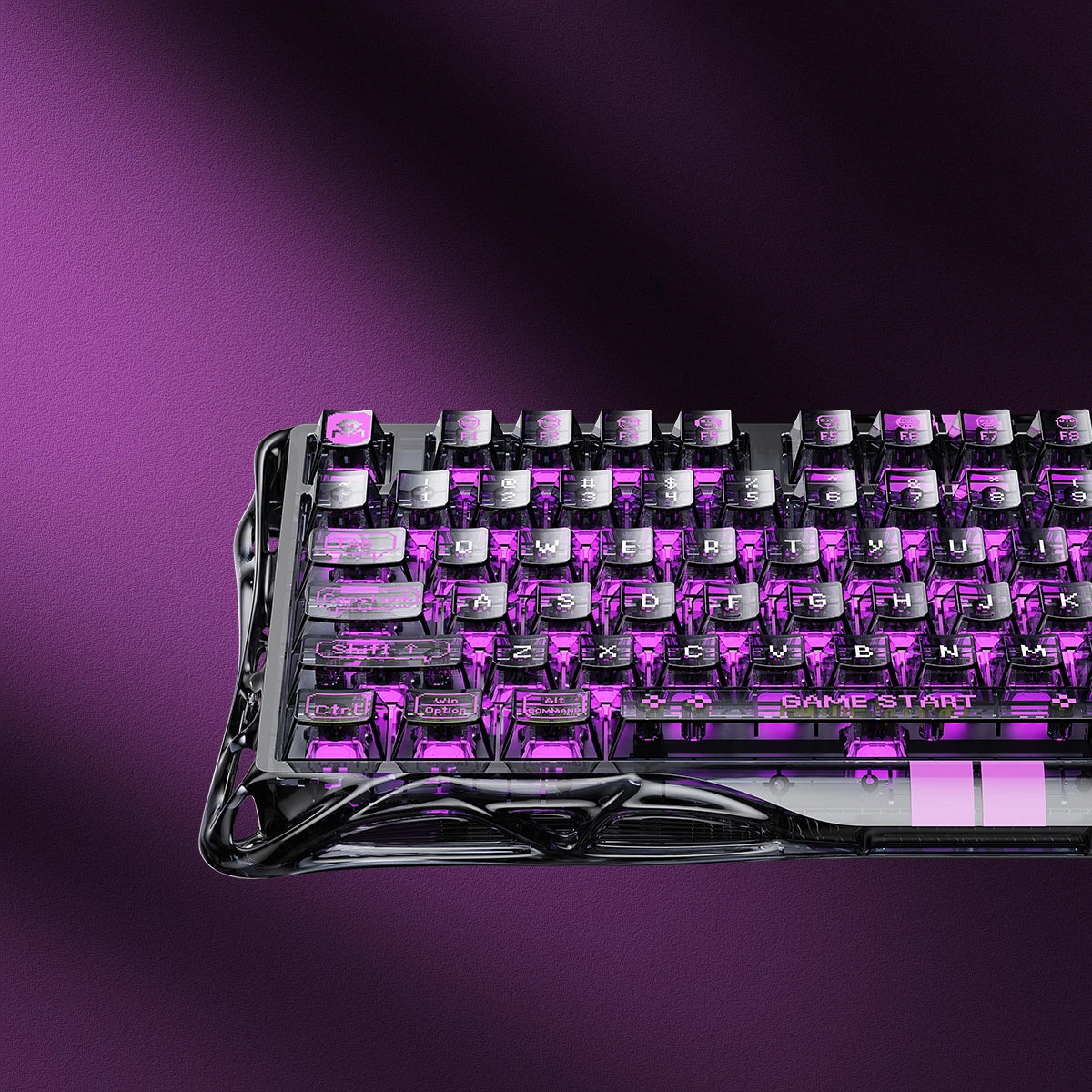 Gravastar Mercury V75 Lite "Transparent Black" special edition gaming keyboard hero shot, showcasing sleek transparent design, semi-plastic frame, and vibrant RGB lighting.