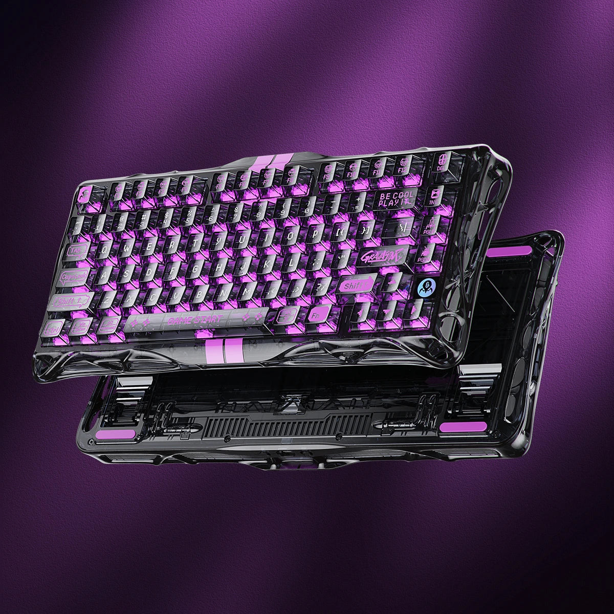 Gravastar Mercury V75 Lite "Transparent Black" special edition gaming keyboard hero shot, showcasing sleek transparent design, semi-plastic frame, and vibrant RGB lighting.