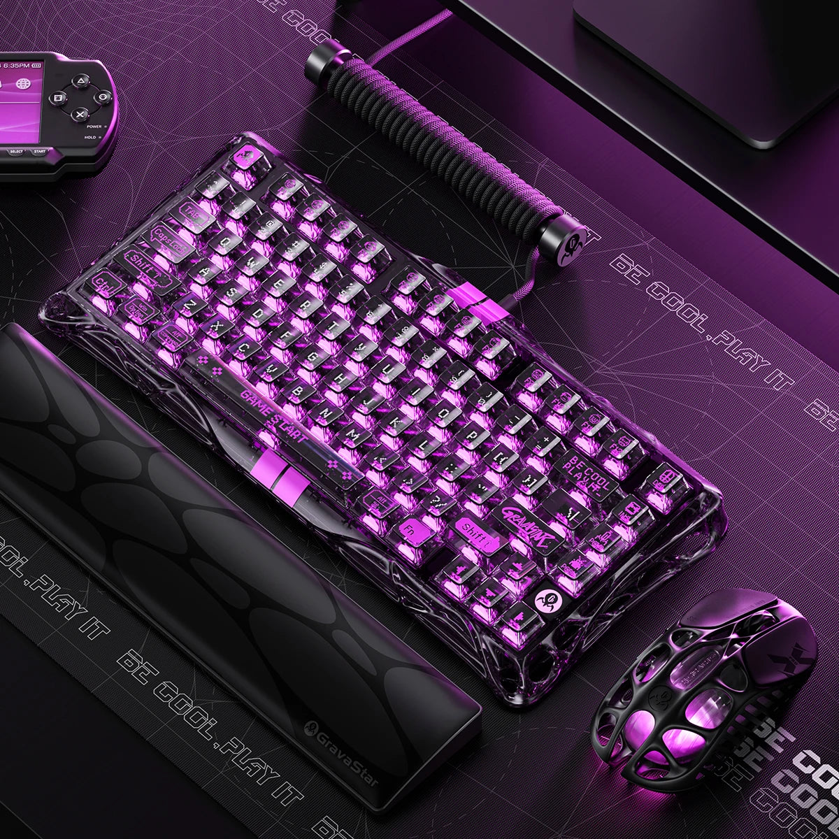 Gravastar Mercury V75 Lite "Transparent Black" special edition gaming keyboard hero shot, showcasing sleek transparent design, semi-plastic frame, and vibrant RGB lighting.