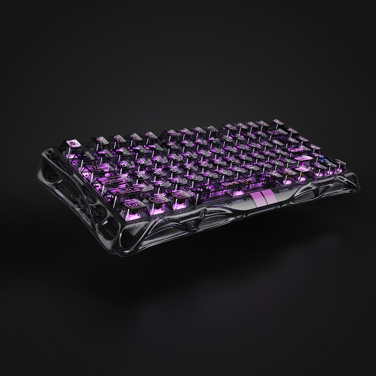 Gravastar Mercury V75 Lite "Transparent Black" special edition gaming keyboard hero shot, showcasing sleek transparent design, semi-plastic frame, and vibrant RGB lighting.