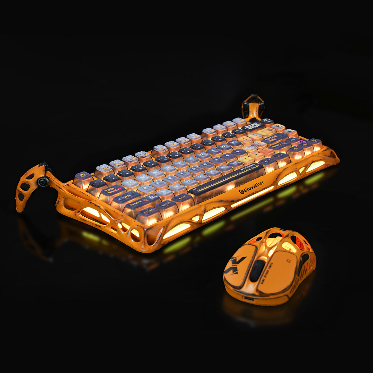 GravaStar Handcrafted Gaming Set in Battle-Worn Yellow, showcasing Mercury K1 Pro Special Edition and Mercury X Pro Special Edition gaming peripherals—each with a unique one-of-a-kind handcrafted aluminum alloy frame featuring Battle-Worn-inspired aesthetics. Includes a free GravaStar Keyboard Wrist Rest Pad (worth $12.95). Highlighted features: 75% compact layout for space-saving, dynamic RGB lighting (16.8M colors, 13 modes with South-facing key backlighting), premium build with 70M keystroke-rated switch