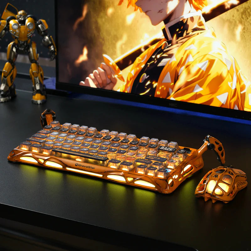 GravaStar Handcrafted Gaming Set in Battle-Worn Yellow, showcasing Mercury K1 Pro Special Edition and Mercury X Pro Special Edition gaming peripherals—each with a unique one-of-a-kind handcrafted aluminum alloy frame featuring Battle-Worn-inspired aesthetics. Includes a free GravaStar Keyboard Wrist Rest Pad (worth $12.95). Highlighted features: 75% compact layout for space-saving, dynamic RGB lighting (16.8M colors, 13 modes with South-facing key backlighting), premium build with 70M keystroke-rated switch