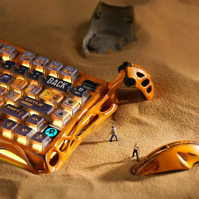 GravaStar Handcrafted Gaming Set Battle-Worn Yellow - Mercury K1 Pro mechanical keyboard 75% layout with 8000mAh battery, gasket mount, RGB lighting, Kailh Speedy Mint switches, Mercury X Pro wireless mouse 32000 DPI, 8kHz polling rate, magnesium alloy construction, authentic battle-worn weathered finish, handcrafted artisan quality, perfect for competitive gaming, FPS, esports, streaming, content creation, tri-mode connectivity