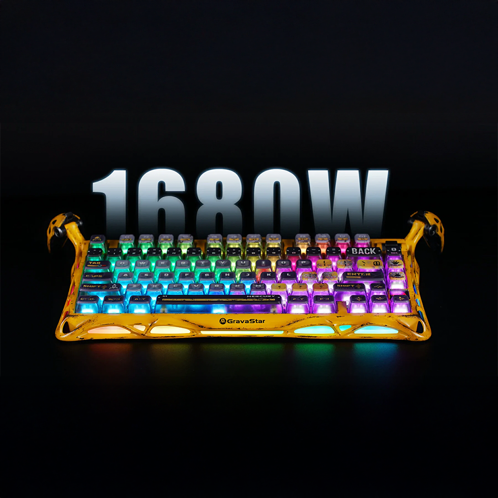GravaStar Handcrafted Gaming Set Battle-Worn Yellow - Mercury K1 Pro mechanical keyboard 75% layout with 8000mAh battery, gasket mount, RGB lighting, Kailh Speedy Mint switches, Mercury X Pro wireless mouse 32000 DPI, 8kHz polling rate, magnesium alloy construction, authentic battle-worn weathered finish, handcrafted artisan quality, perfect for competitive gaming, FPS, esports, streaming, content creation, tri-mode connectivity