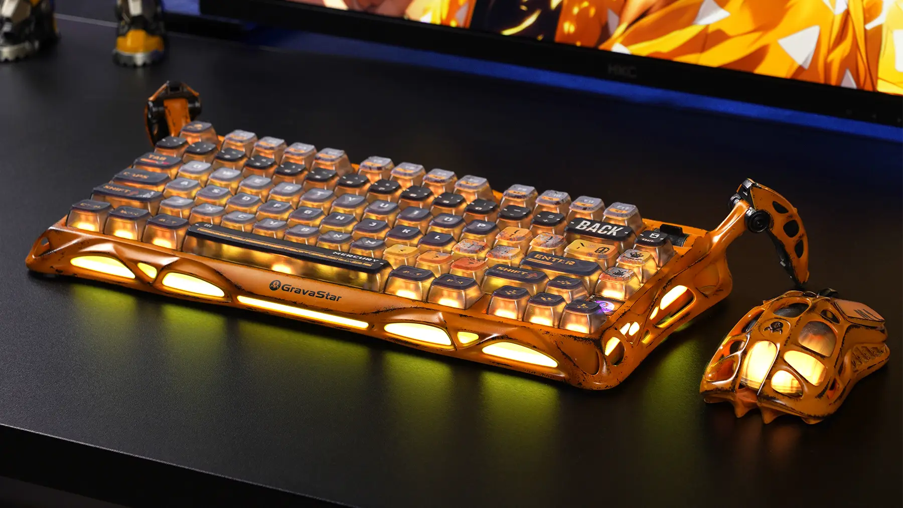 GravaStar Handcrafted Gaming Set Battle-Worn Yellow - Mercury K1 Pro mechanical keyboard 75% layout with 8000mAh battery, gasket mount, RGB lighting, Kailh Speedy Mint switches, Mercury X Pro wireless mouse 32000 DPI, 8kHz polling rate, magnesium alloy construction, authentic battle-worn weathered finish, handcrafted artisan quality, perfect for competitive gaming, FPS, esports, streaming, content creation, tri-mode connectivity