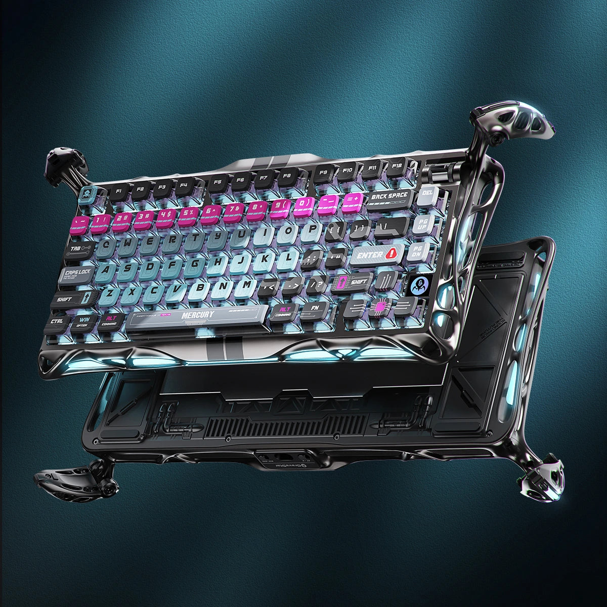 GravaStar Mercury V75 Pro Cyberpunk Gaming Keyboard - 75% compact layout with Hall Effect magnetic switches, 8kHz polling rate, 0.125ms latency, adjustable actuation 0.1-4.0mm, dynamic rapid trigger, RGB lighting 16 modes, semi-aluminum construction, hot-swappable switches, 5-layer acoustic foam, cyberpunk futuristic design, perfect for FPS gaming, CS2, Valorant, competitive esports, streaming, content creation