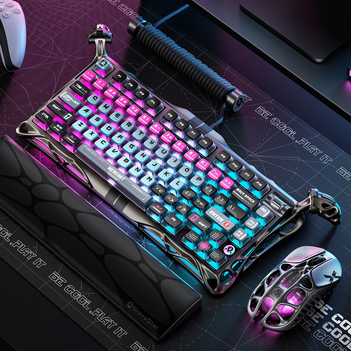GravaStar Mercury V75 Pro Cyberpunk Gaming Keyboard - 75% compact layout with Hall Effect magnetic switches, 8kHz polling rate, 0.125ms latency, adjustable actuation 0.1-4.0mm, dynamic rapid trigger, RGB lighting 16 modes, semi-aluminum construction, hot-swappable switches, 5-layer acoustic foam, cyberpunk futuristic design, perfect for FPS gaming, CS2, Valorant, competitive esports, streaming, content creation