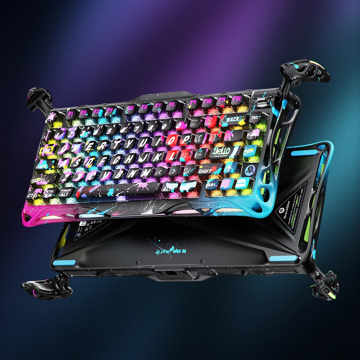 GravaStar Mercury V75 Pro Special Edition Neon Graffiti Gaming Keyboard - 75% compact layout with Hall Effect magnetic switches, 8kHz polling rate, 0.125ms latency, adjustable actuation 0.2-3.7mm, dynamic rapid trigger, RGB lighting 16 modes, aluminum construction, hot-swappable switches, 4-layer acoustic foam, neon graffiti street art design, perfect for FPS gaming, CS2, Valorant, competitive esports, content creation, streaming