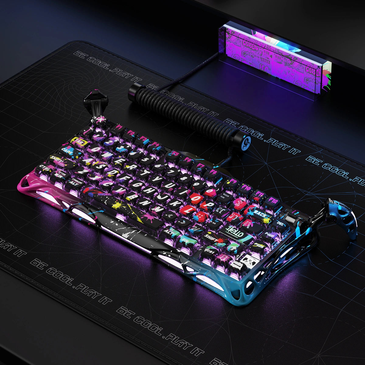 GravaStar Mercury V75 Pro Special Edition Neon Graffiti Gaming Keyboard - 75% compact layout with Hall Effect magnetic switches, 8kHz polling rate, 0.125ms latency, adjustable actuation 0.2-3.7mm, dynamic rapid trigger, RGB lighting 16 modes, aluminum construction, hot-swappable switches, 4-layer acoustic foam, neon graffiti street art design, perfect for FPS gaming, CS2, Valorant, competitive esports, content creation, streaming