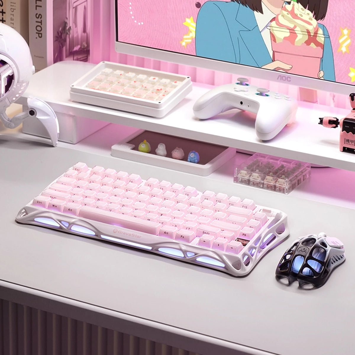 GravaStar Mercury K1 Special Edition in Sakura Pink: aluminum alloy exoskeleton, 88g magnesium frame, hot-swap switches (3/5-pin), customizable RGB lighting (16.7M colors); 5.0-rated for premium build and performance.