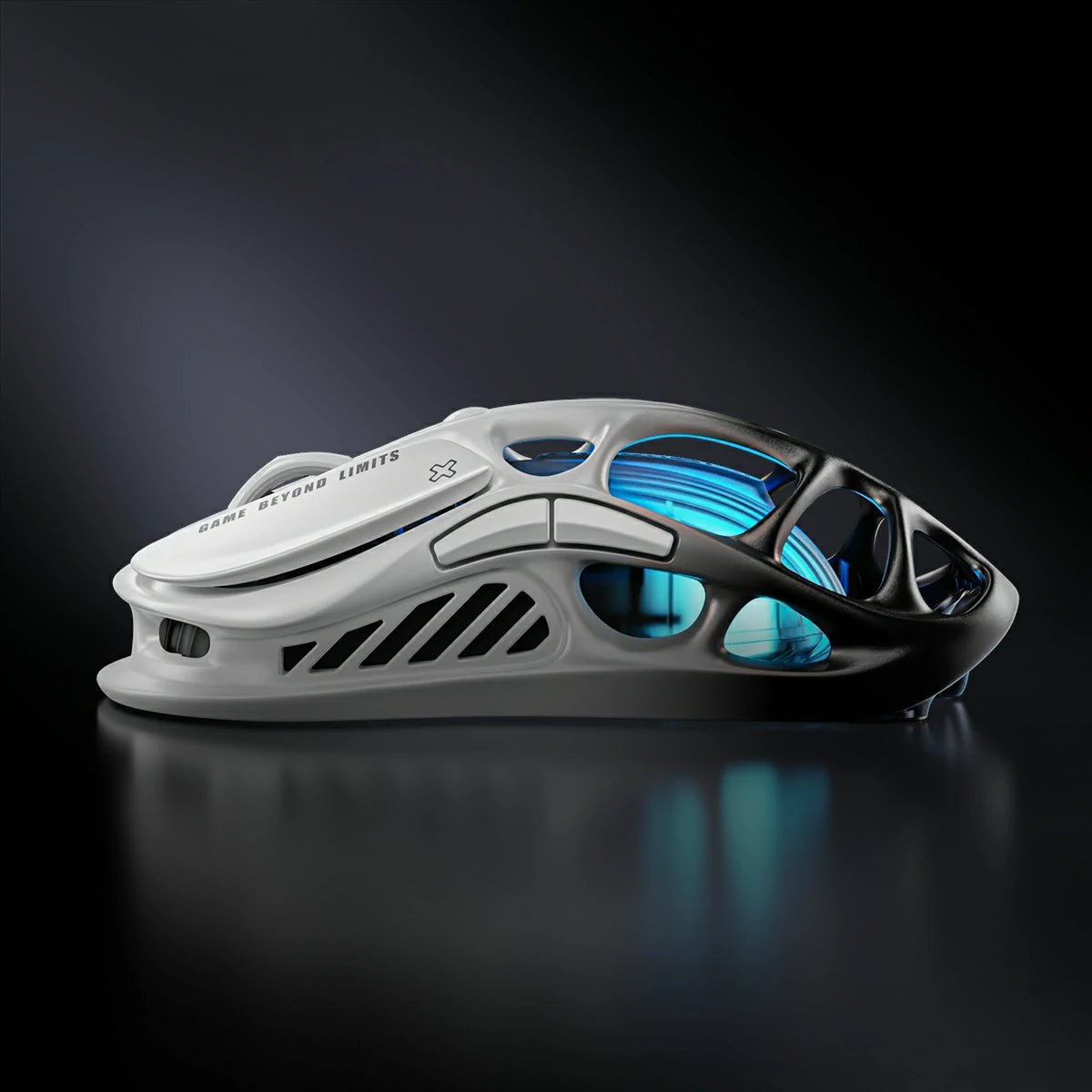 GravaStar Mercury M1 Pro Gradient Black gaming mouse: magnesium alloy skeleton, PAW3395 sensor (26K DPI), ergonomic design, customizable RGB lighting, 146h wireless/200h Bluetooth battery life.
