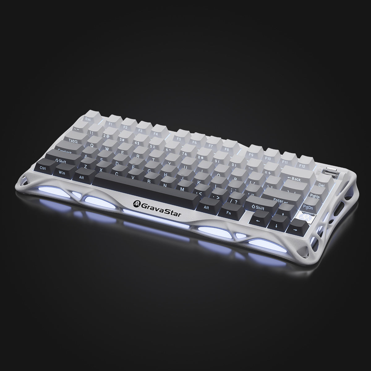 GravaStar Pro Gaming Set in Gradient White: Mercury K1 gradient keyboard (aluminum alloy exoskeleton, 88g magnesium frame, hot-swap switches) paired with Mercury M1 Pro mouse, featuring customizable RGB lighting (16.7M colors).