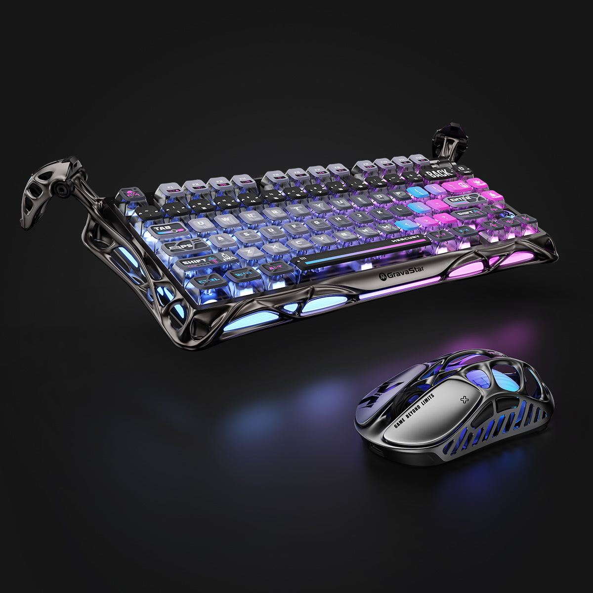 GravaStar Ultimate Gaming Set in Cyberpunk, featuring Mercury K1 Pro Special Edition Cyberpunk keyboard (aluminum alloy frame with flickering neon cybernetic branches, 75% compact layout) paired with Mercury X Pro 8KHz wireless mouse (PAW 3950 sensor, 49g magnesium alloy hollow skeleton). Displayed with a free GravaStar Keyboard Wrist Rest Pad (worth $12.95). Highlighted specs: dynamic RGB lighting (16.8M colors, 13 modes with South-facing key backlighting), premium build with 70M keystroke-rated switches (