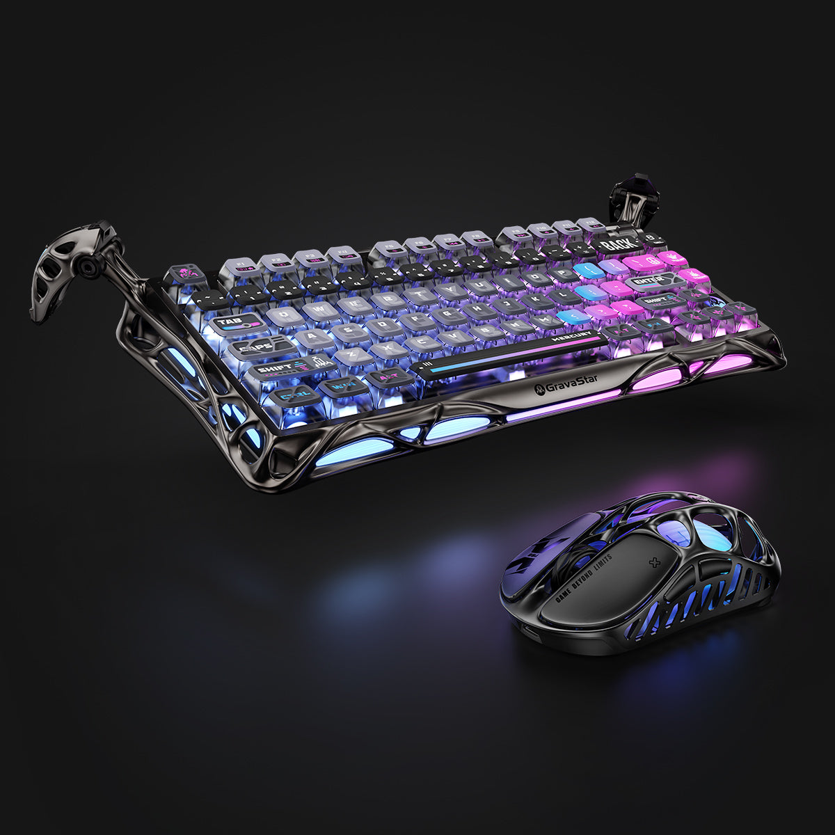 GravaStar Ultimate Gaming Set in Cyberpunk, featuring Mercury K1 Pro Special Edition Cyberpunk keyboard (aluminum alloy frame with flickering neon cybernetic branches, 75% compact layout) paired with Mercury X Pro 8KHz wireless mouse (PAW 3950 sensor, 49g magnesium alloy hollow skeleton). Displayed with a free GravaStar Keyboard Wrist Rest Pad (worth $12.95). Highlighted specs: dynamic RGB lighting (16.8M colors, 13 modes with South-facing key backlighting), premium build with 70M keystroke-rated switches (